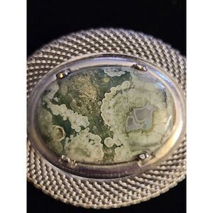 Vintage Green Moss Agate Brooch In Silver Mesh Brooch